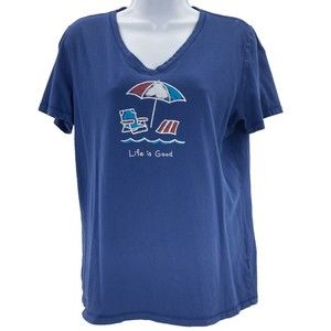 Life Is Good Blue Beach Classic Fit Short Sleeve V-neck T-shirt Womens Medium